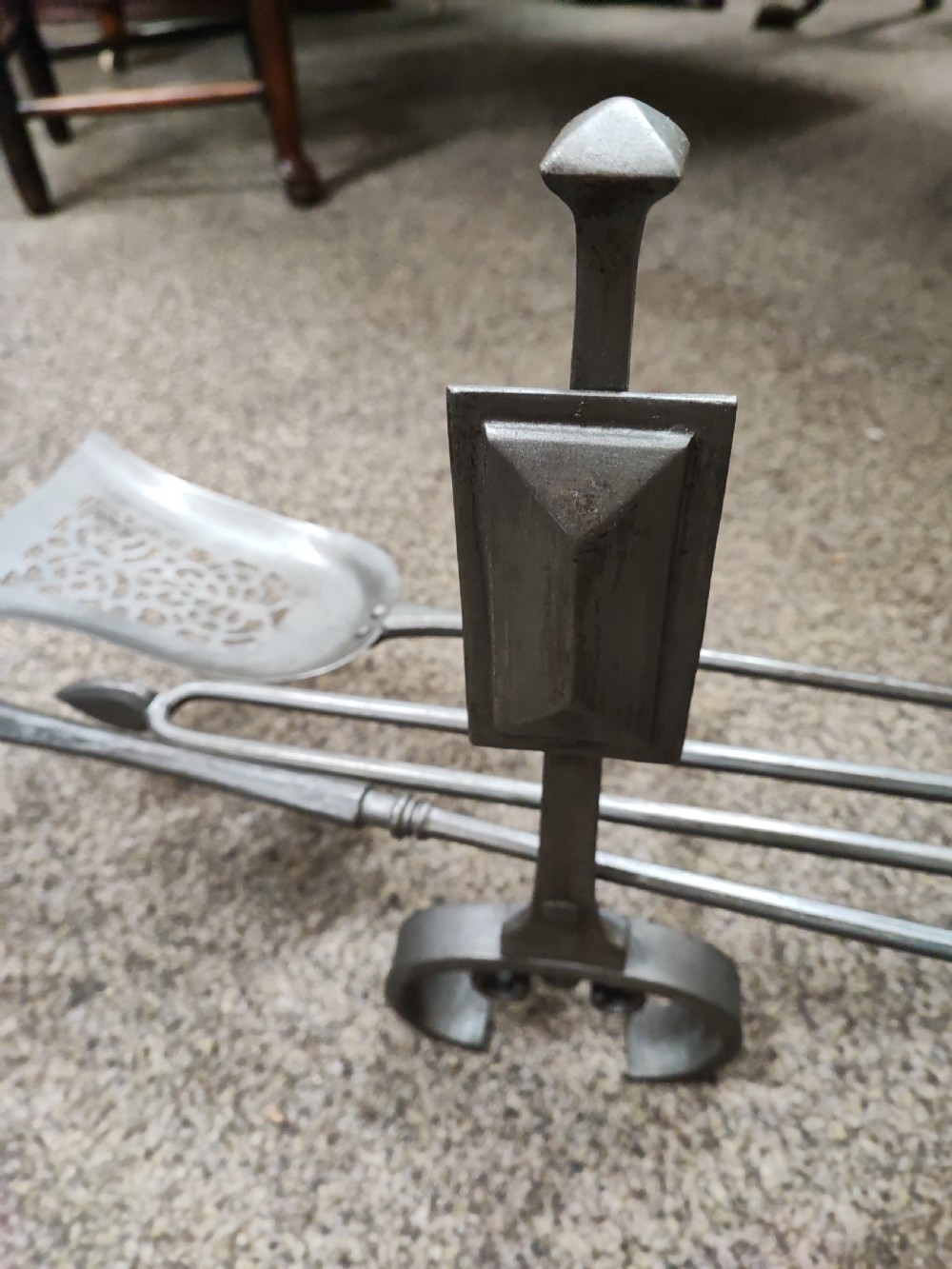 A fine set of art's and crafts polished steel fire irons. Plus fire dogs  View IV