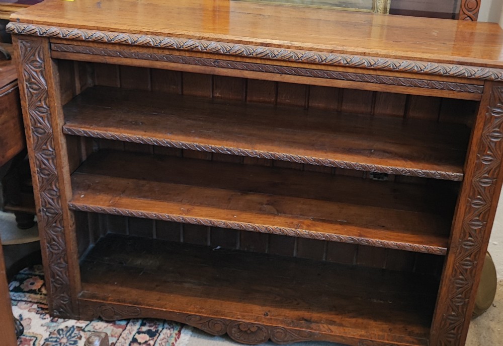 19c carved oak open bookcase. View II