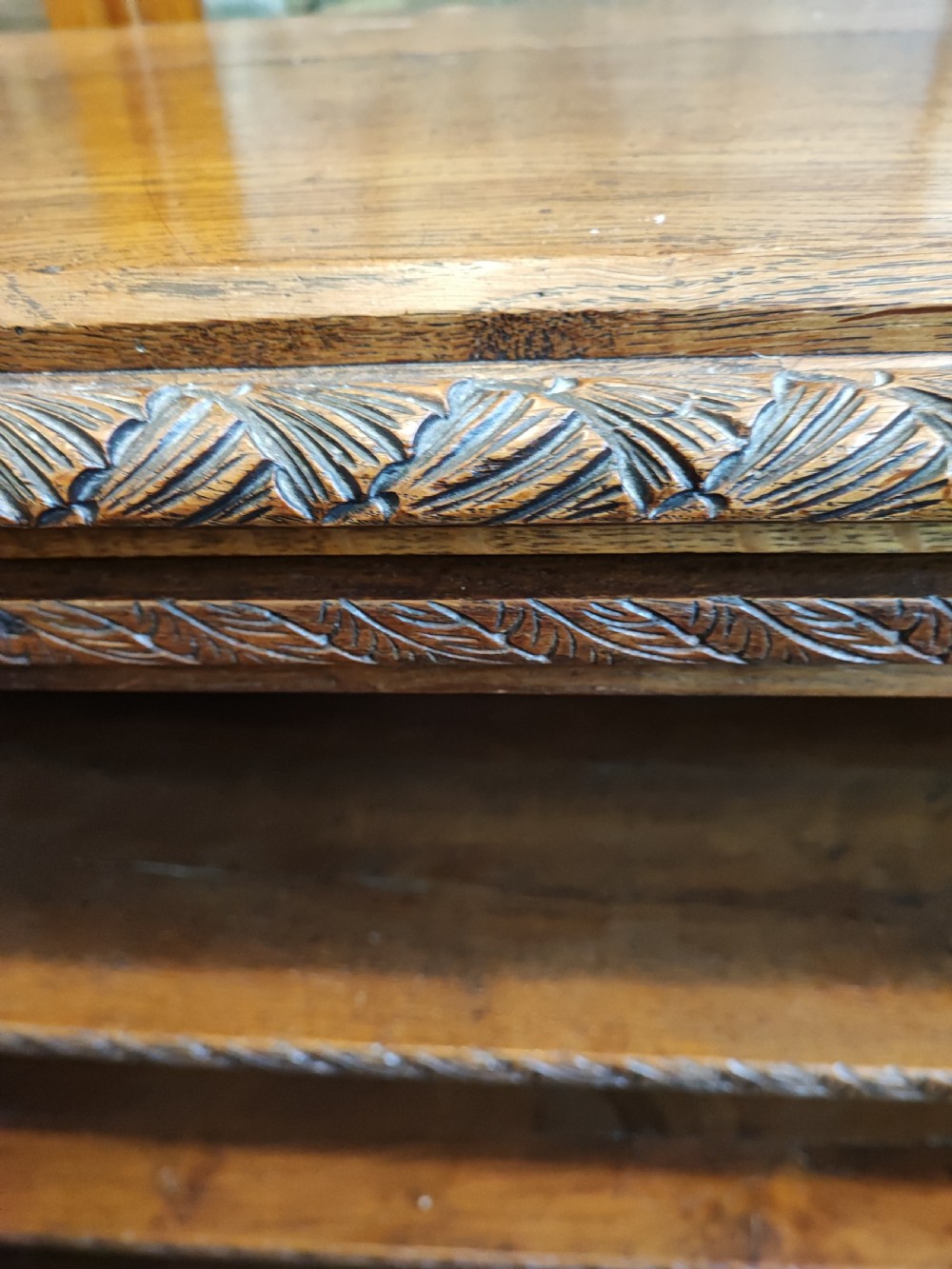 19c carved oak open bookcase. View IV
