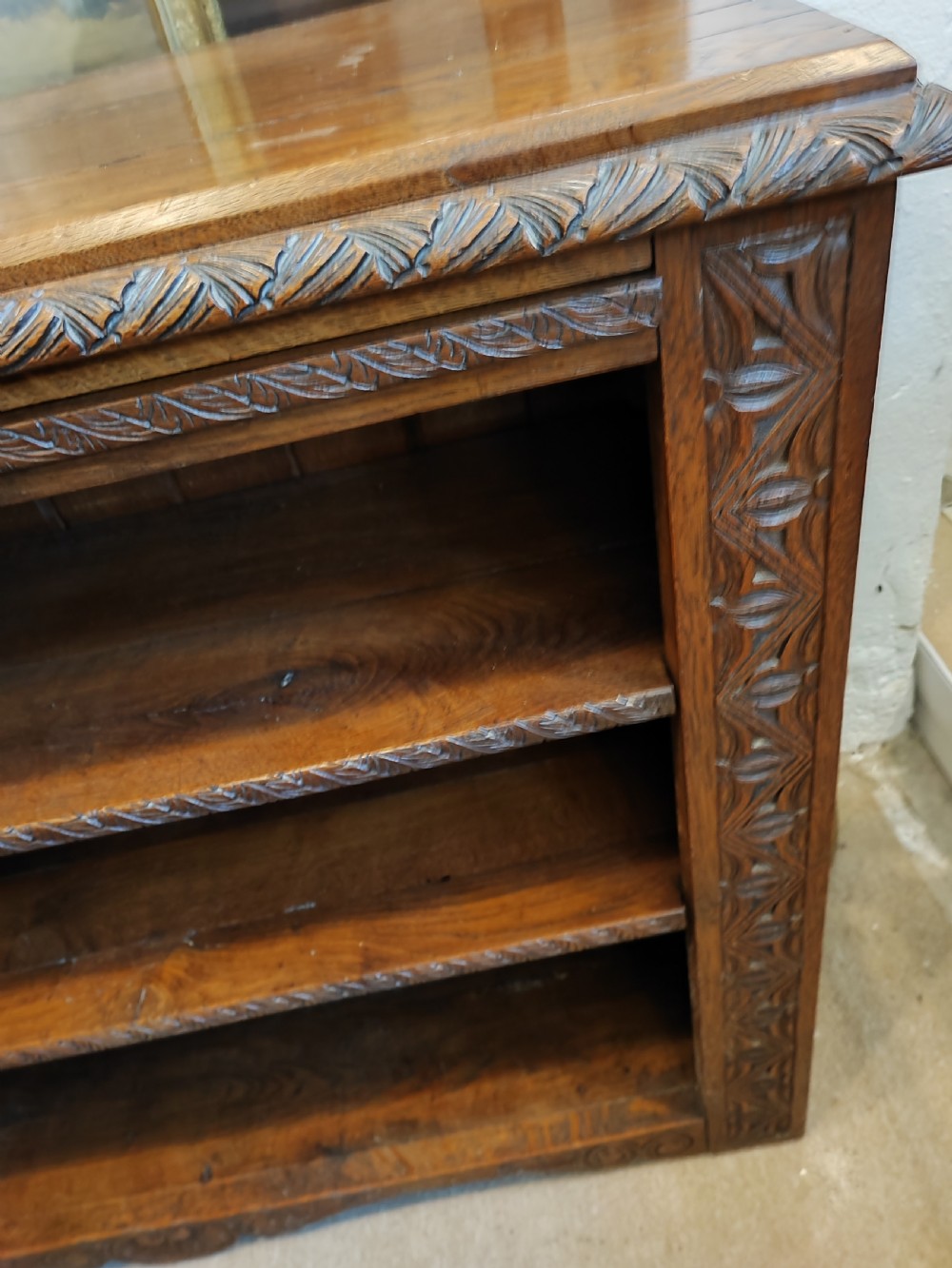 19c carved oak open bookcase. View VII
