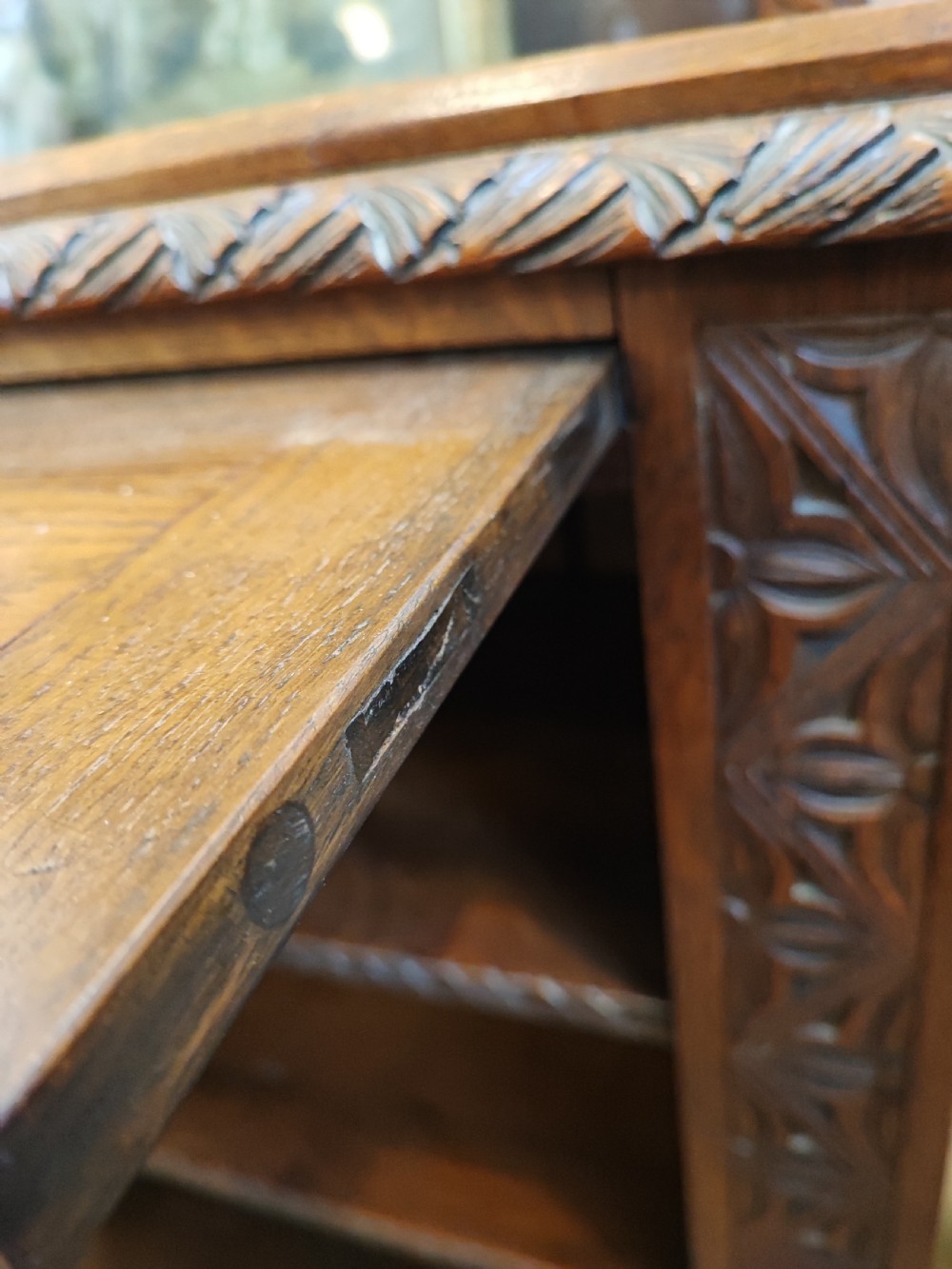 19c carved oak open bookcase. View VIII