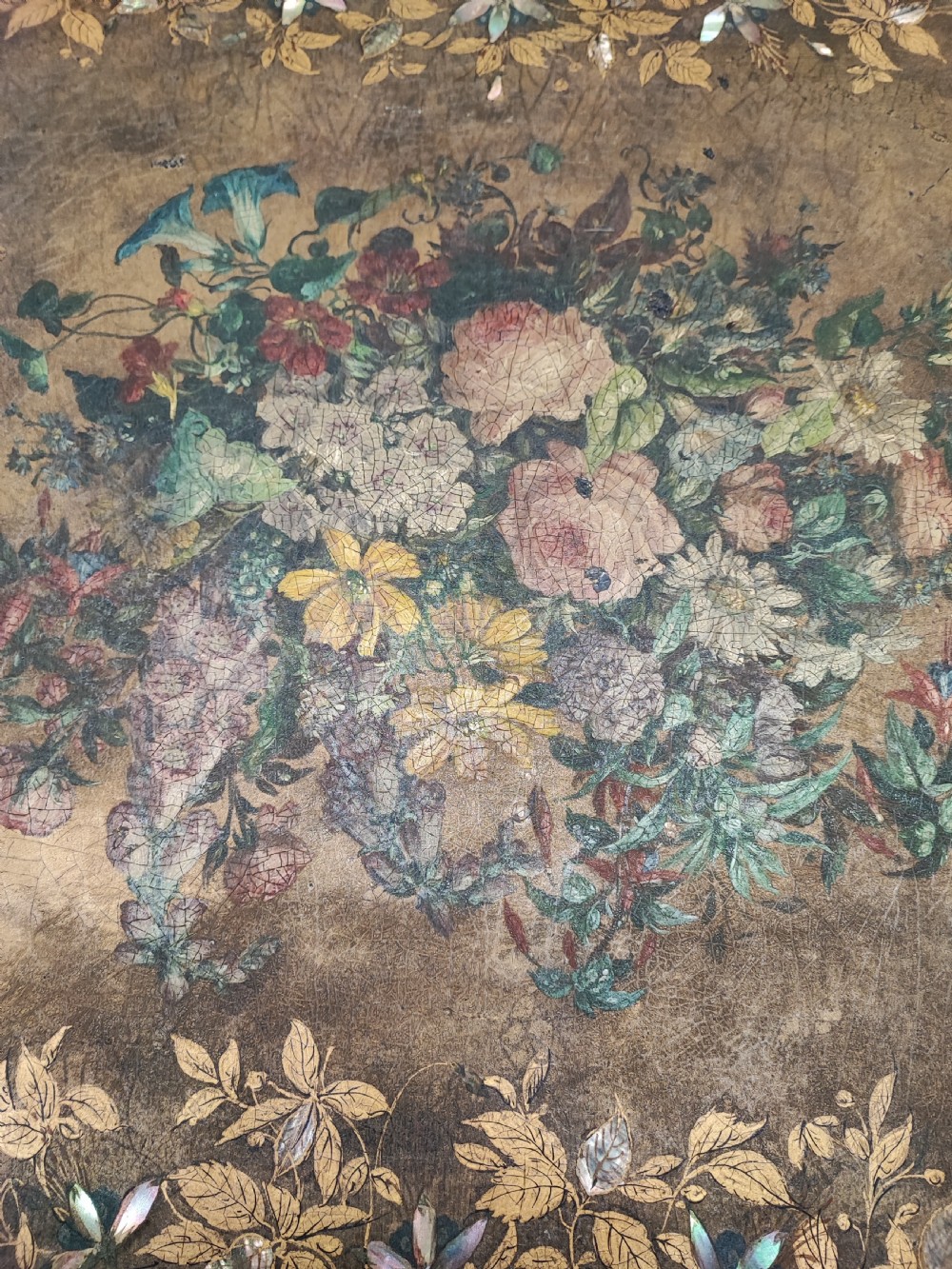 A large Regency gold lacquer and mother of pearl inlaid paper mache tray View IV
