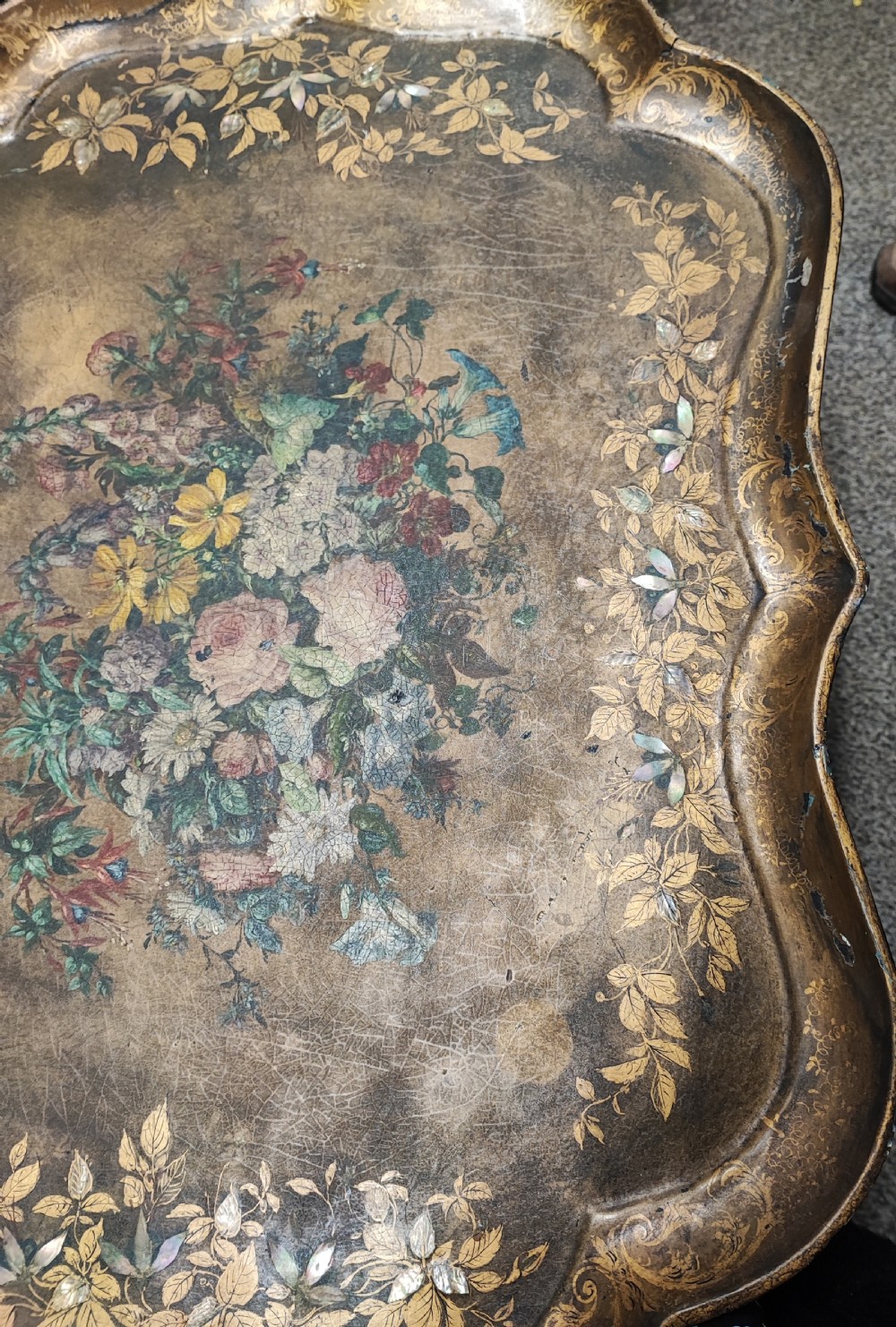 A large Regency gold lacquer and mother of pearl inlaid paper mache tray View VII