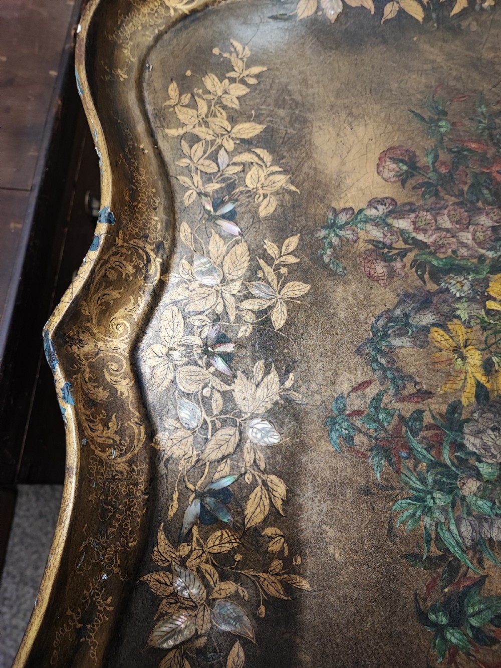 A large Regency gold lacquer and mother of pearl inlaid paper mache tray View IX