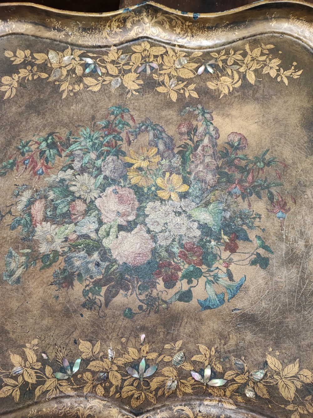 A large Regency gold lacquer and mother of pearl inlaid paper mache tray View X