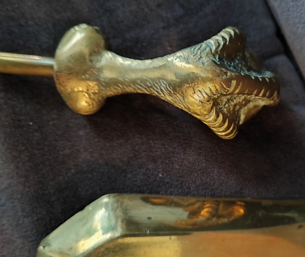 A heavy set of 3 ball and claw brass fire irons View X