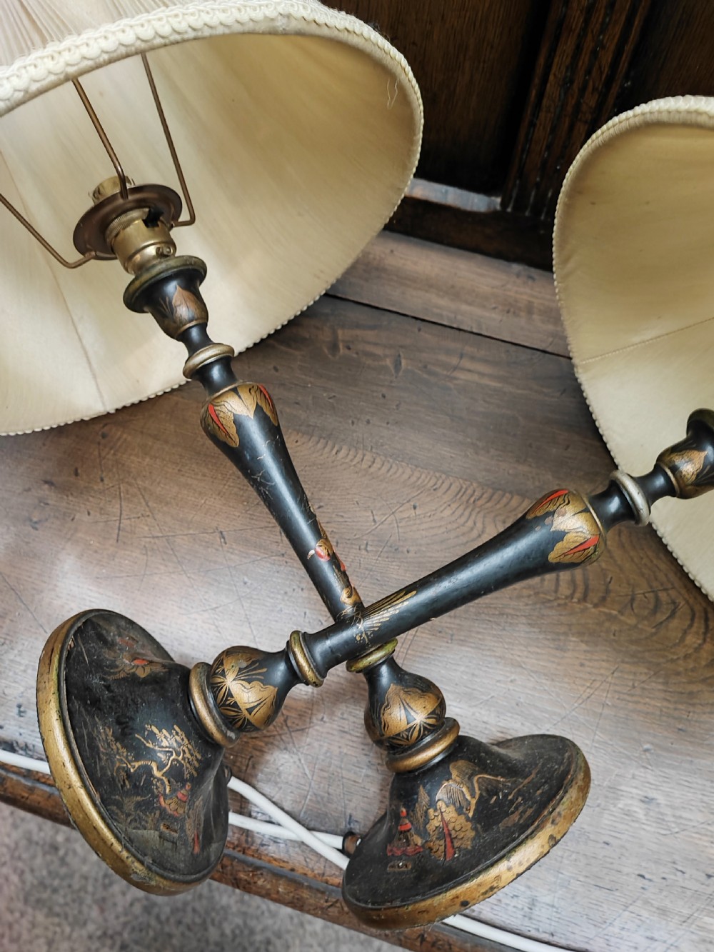 Pair of antique Chinoiserie lacquered table lamps. View II