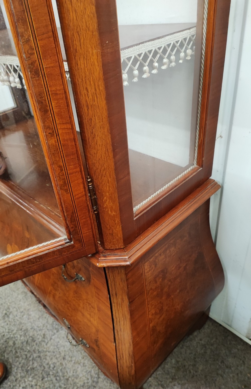 An antique walnut  display cabinet. View XX