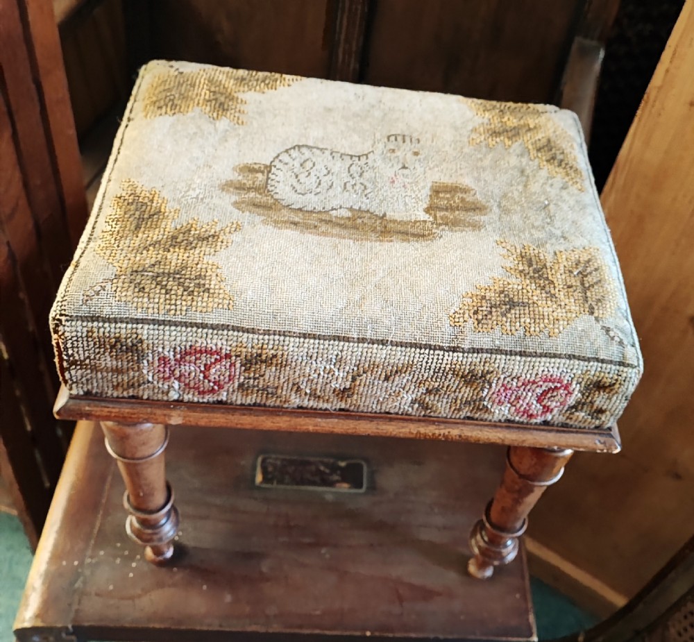 Charming antique mahogany needlework stool. View II