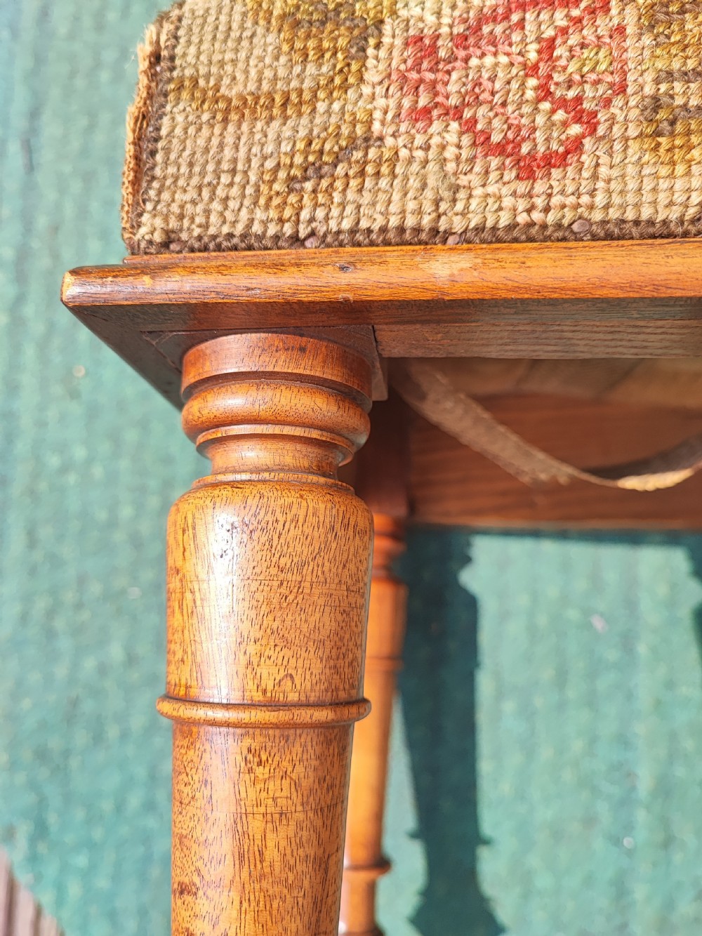 Charming antique mahogany needlework stool. View V