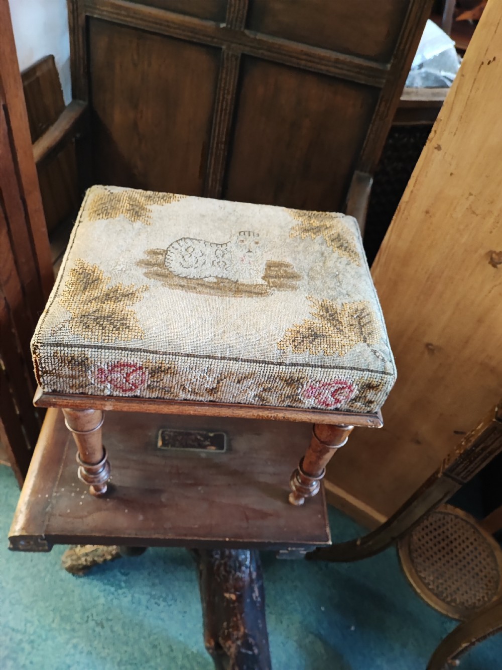 Charming antique mahogany needlework stool. View IX