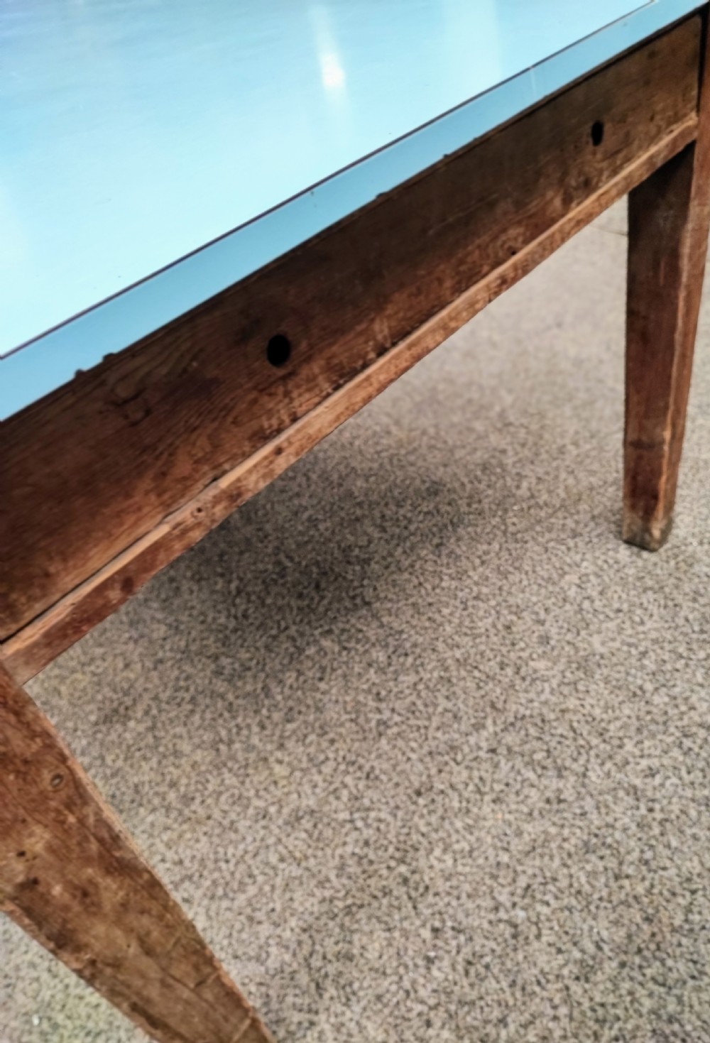 An antique pine kitchen table with duck egg blue Formica top. View XVIII