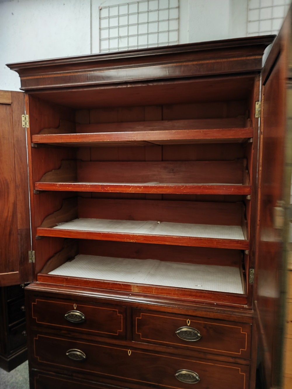 Good Regency inlaid linen press. View IV
