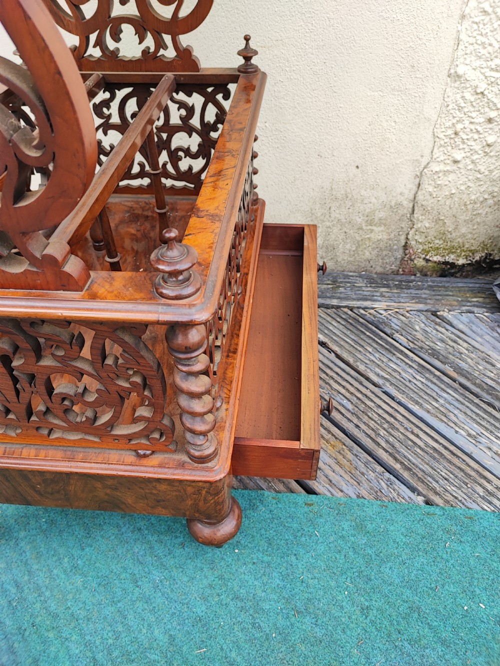 Superb Victorian burr walnut Canterbury whatnot , stamped by T Wilson of London. View V
