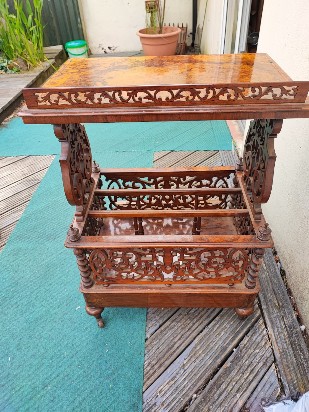 Superb Victorian burr walnut Canterbury whatnot , stamped by T Wilson of London. View IX