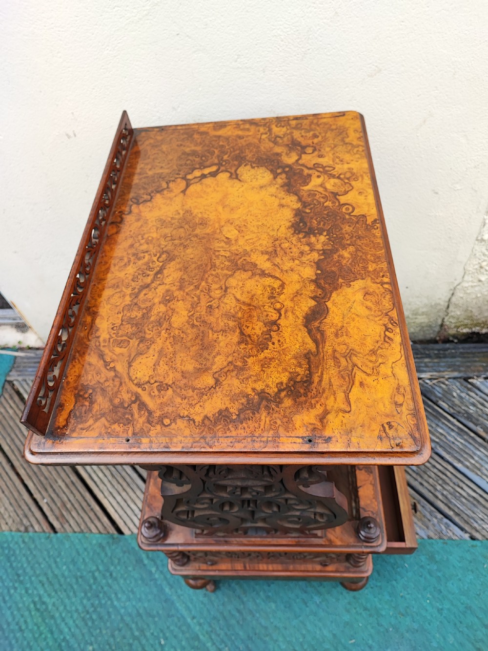 Superb Victorian burr walnut Canterbury whatnot , stamped by T Wilson of London. View X