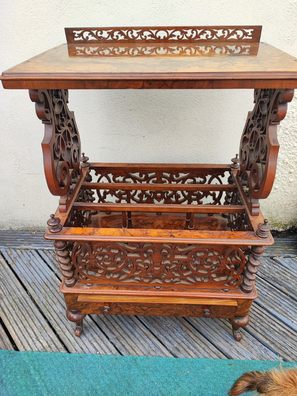 Superb Victorian burr walnut Canterbury whatnot , stamped by T Wilson of London. View XI