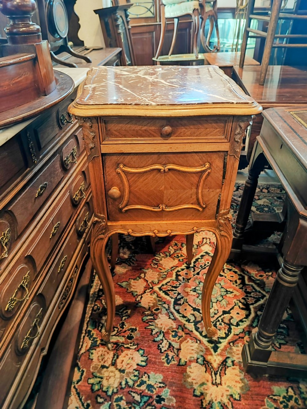 Antique French walnut bedside cabinet with marble top. View VIII