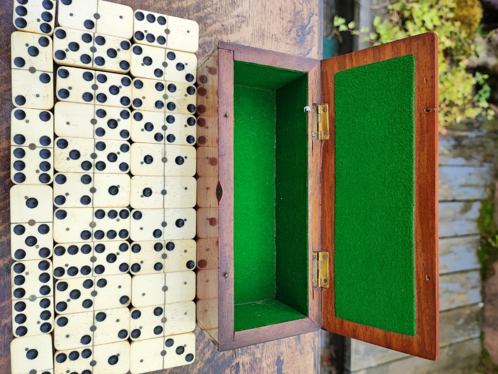 A full set of Victorian bone and ebony dominoes arranged in rows on a wooden surface in front of a fitted rectangular wooden box. View V
