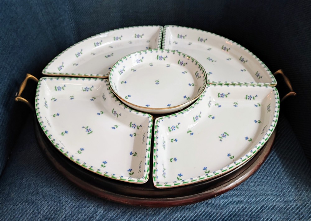 Fine antique porcelain serving tray with dishes for hors d'oeuvres. View V