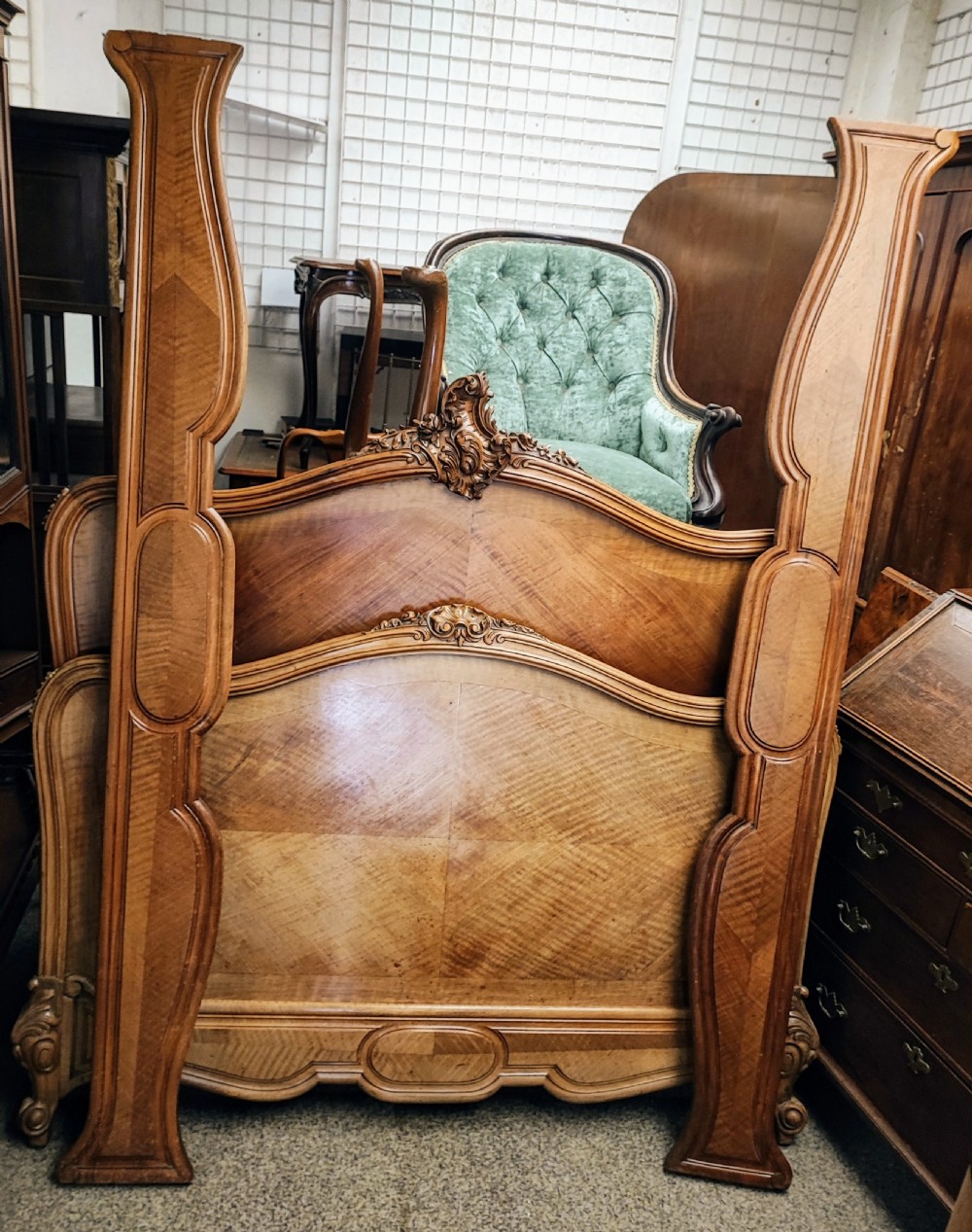 Antique French walnut Rocco double bed frame. View IV