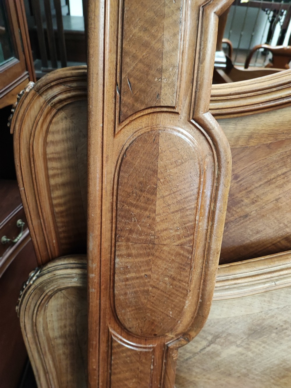 Antique French walnut Rocco double bed frame. View V