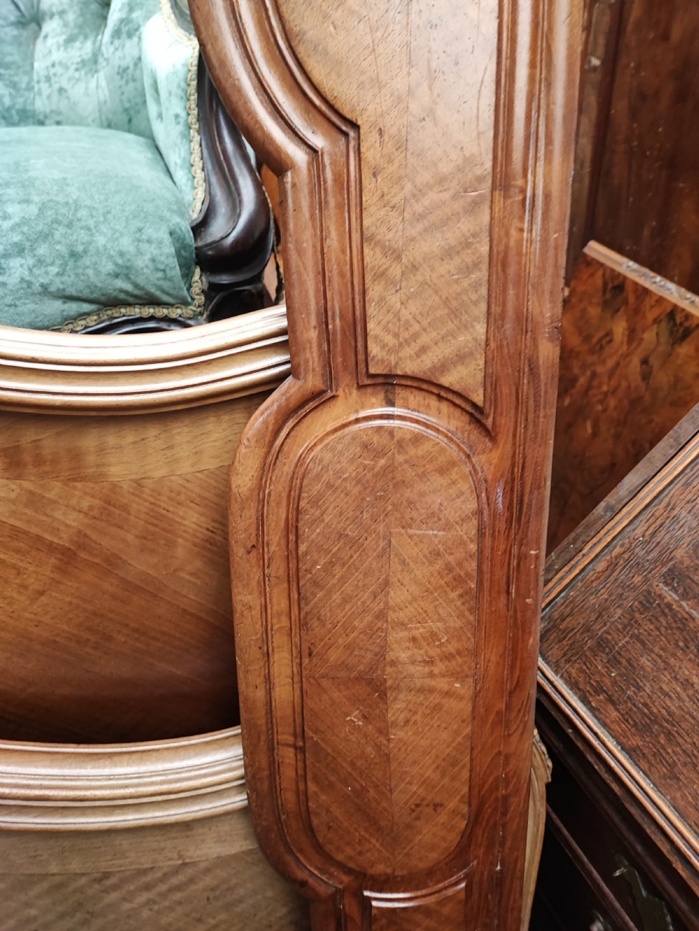 Antique French walnut Rocco double bed frame. View VI