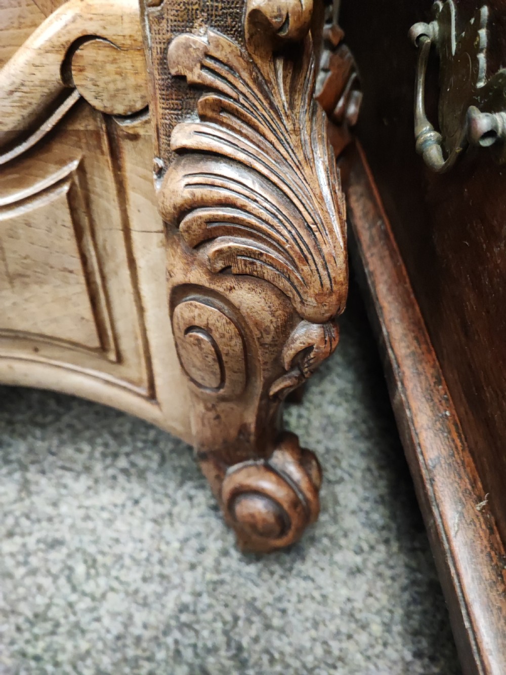 Antique French walnut Rocco double bed frame. View VII