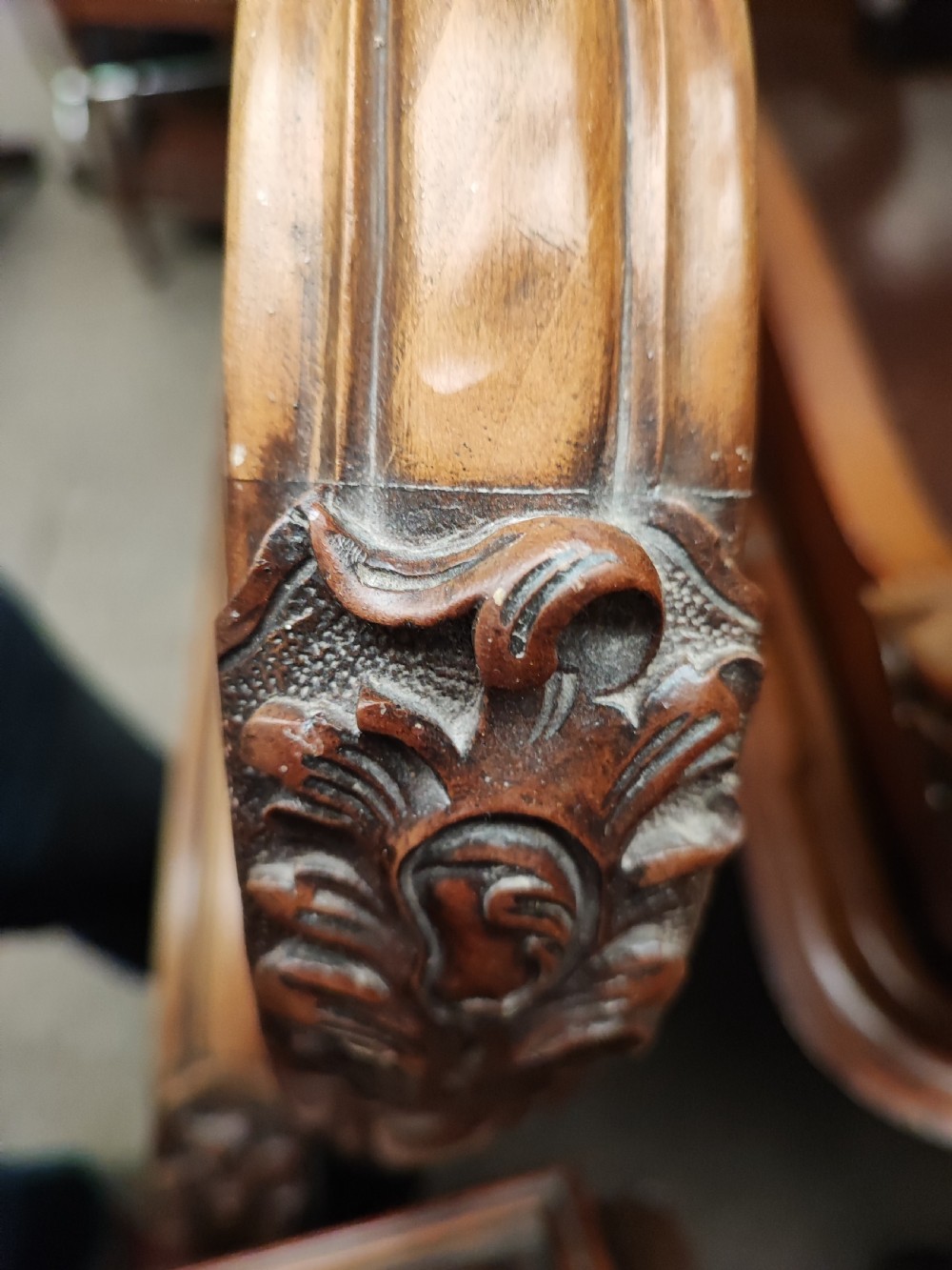 Antique French walnut Rocco double bed frame. View VIII