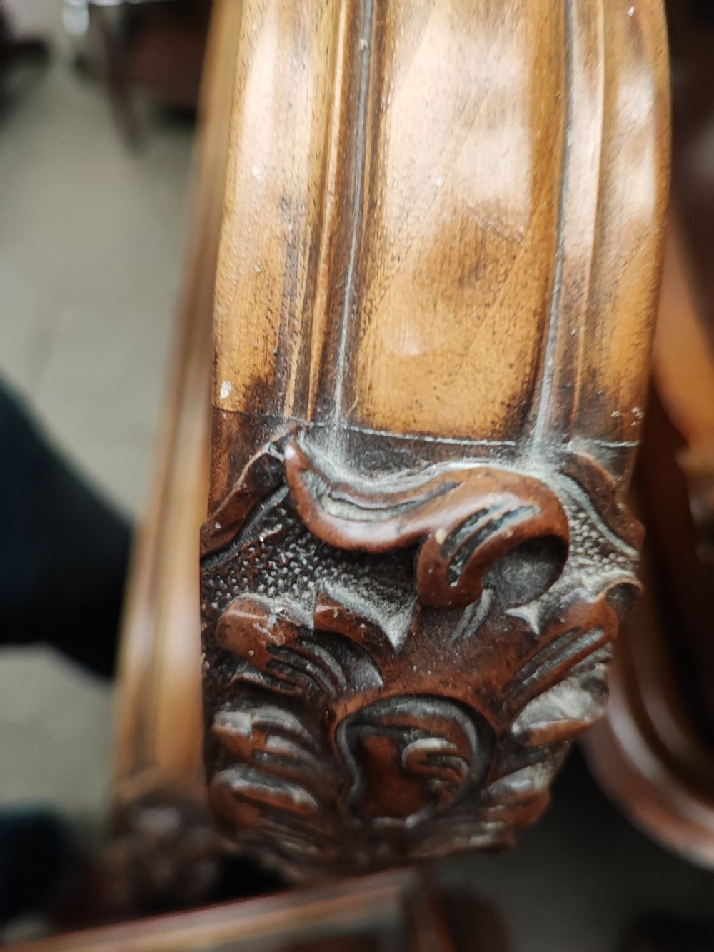 Antique French walnut Rocco double bed frame. View IX