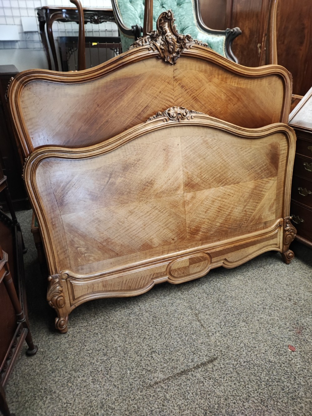 Antique French walnut Rocco double bed frame. View X