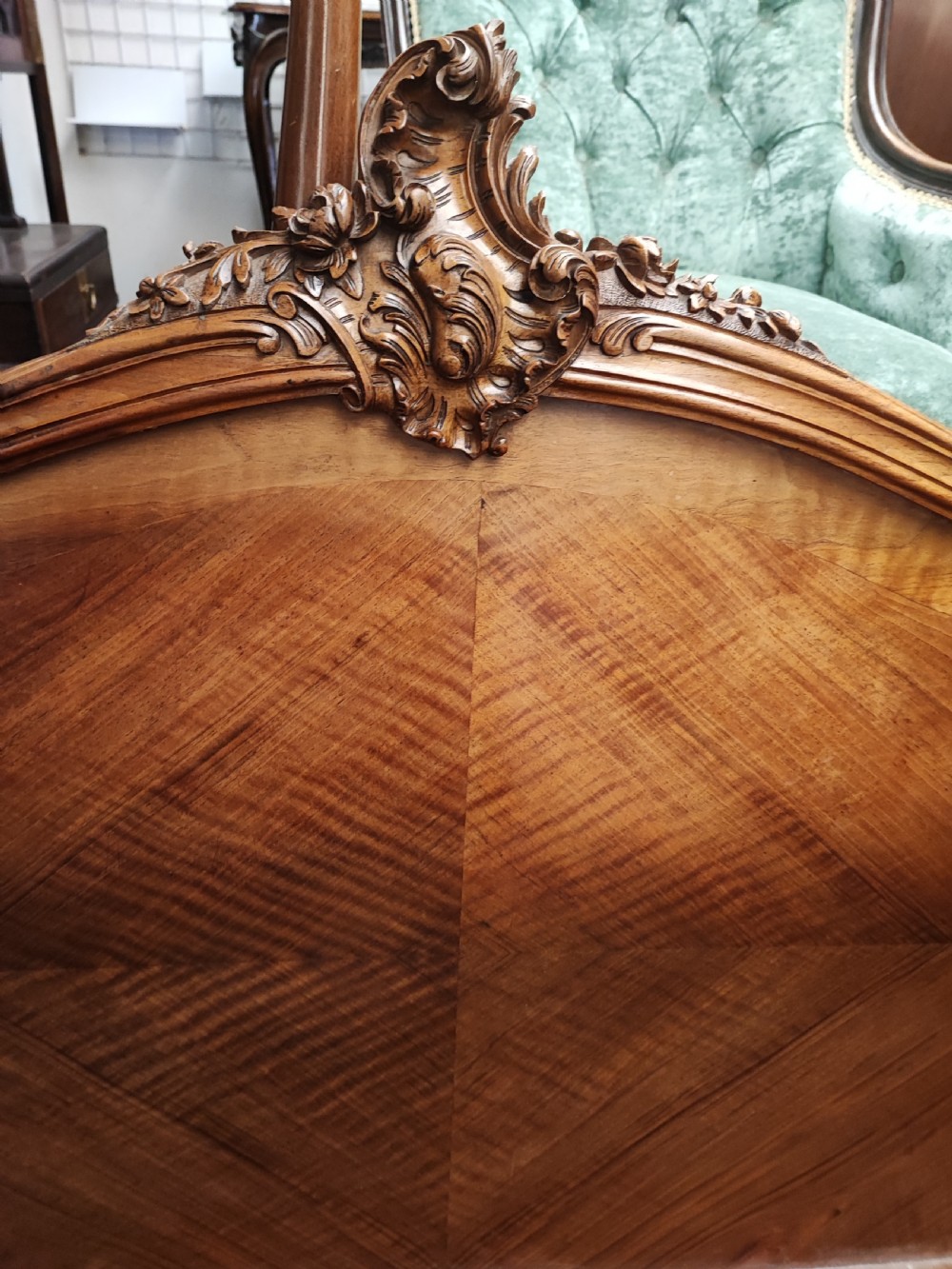 Antique French walnut Rocco double bed frame. View XII