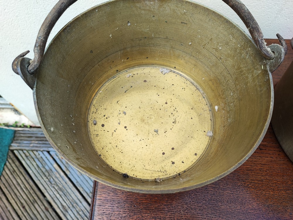 Antique matched pair of brass jam pans. View II