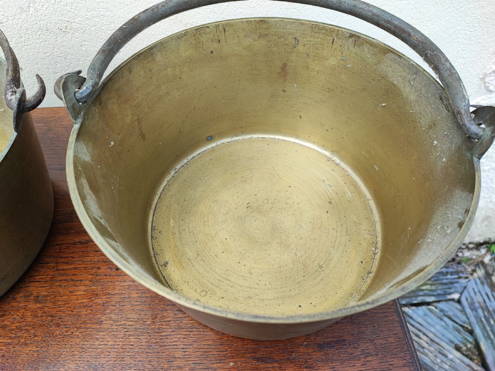 Antique matched pair of brass jam pans. View III