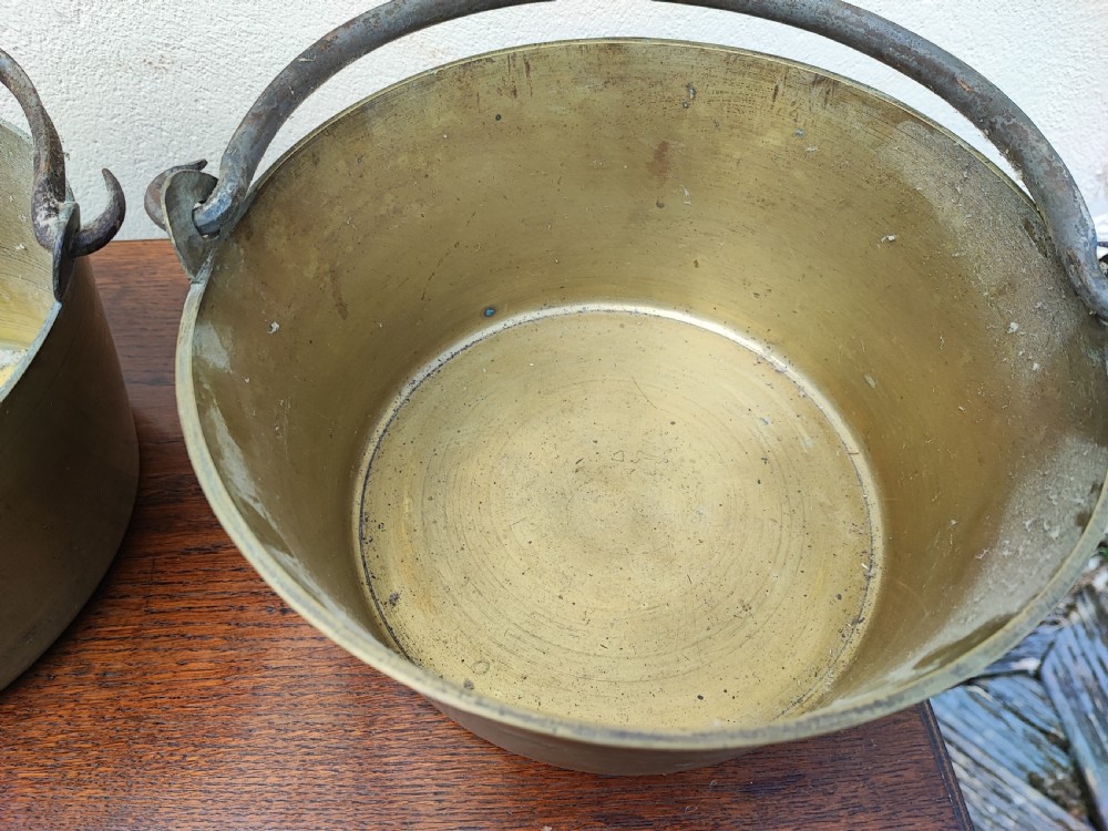 Antique matched pair of brass jam pans. View IV