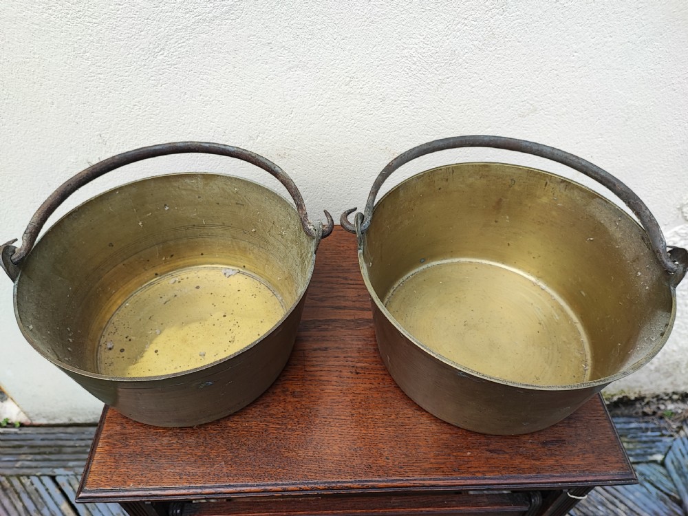 Antique matched pair of brass jam pans. View VI
