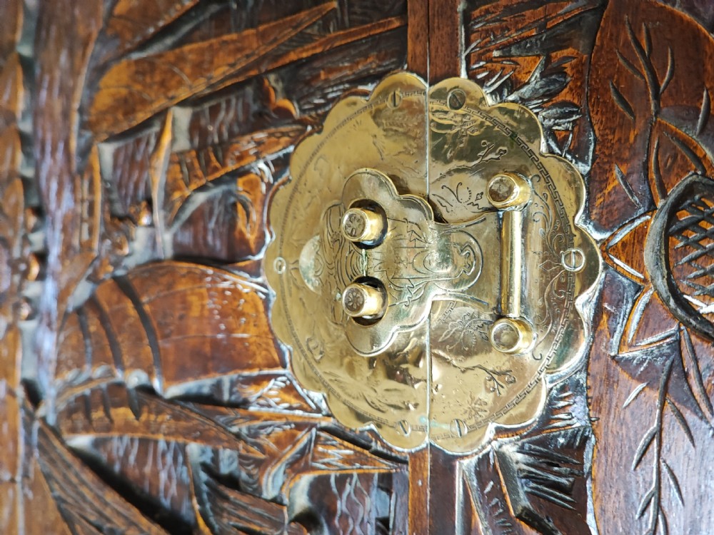 Antique Chinese carved camphor wood trunk. View III