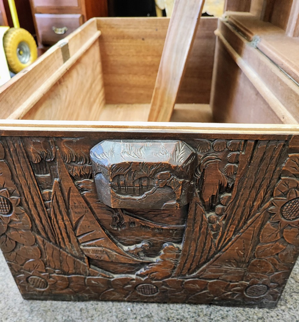 Antique Chinese carved camphor wood trunk. View VI