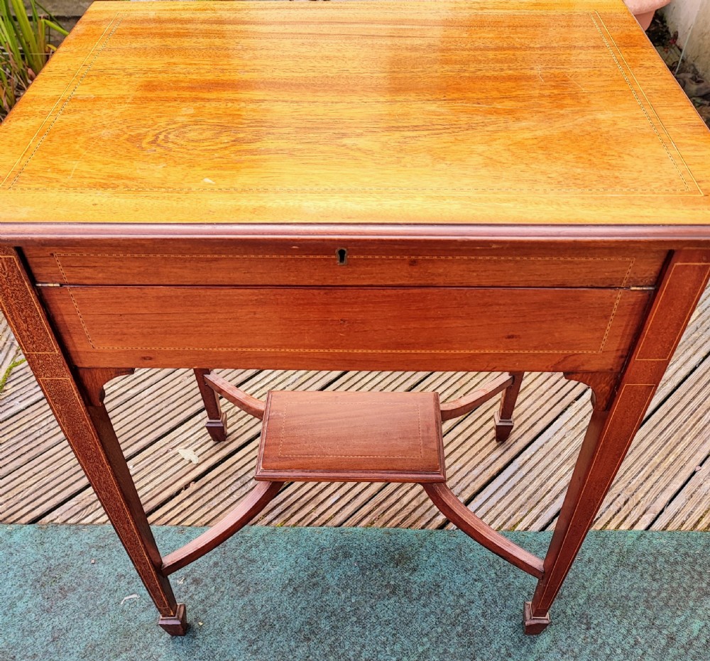 Compact inlaid Edwardian inlaid metamorphic writing table. View IX