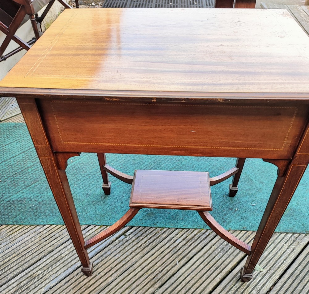 Compact inlaid Edwardian inlaid metamorphic writing table. View X