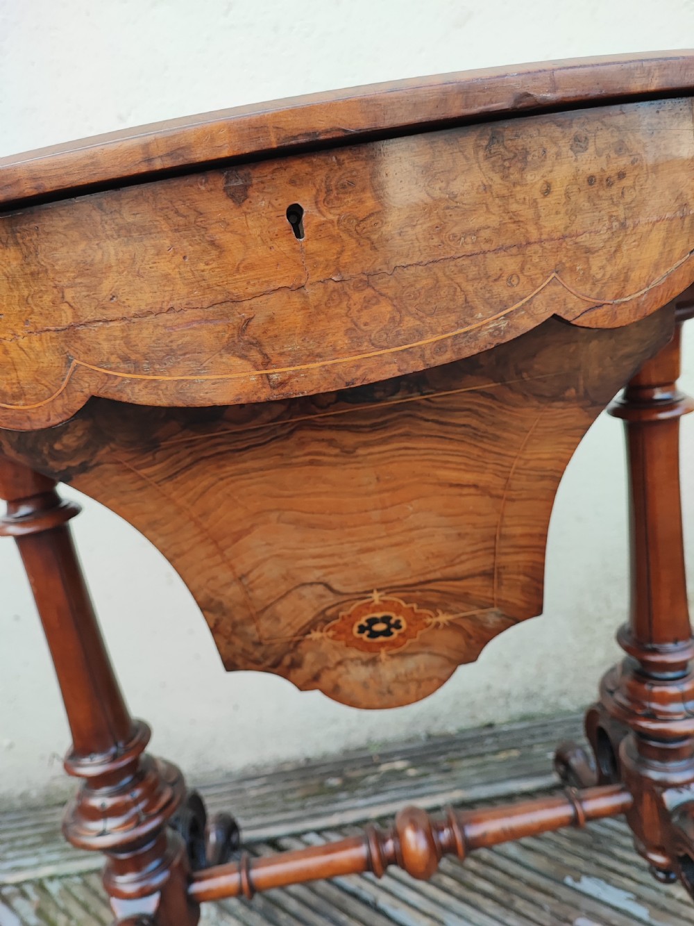 a stunning  victorian burr walnut work or sewing  table View VIII