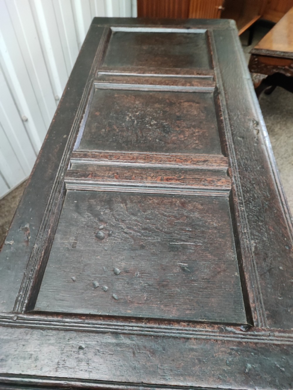 antique panelled oak coffer  View III