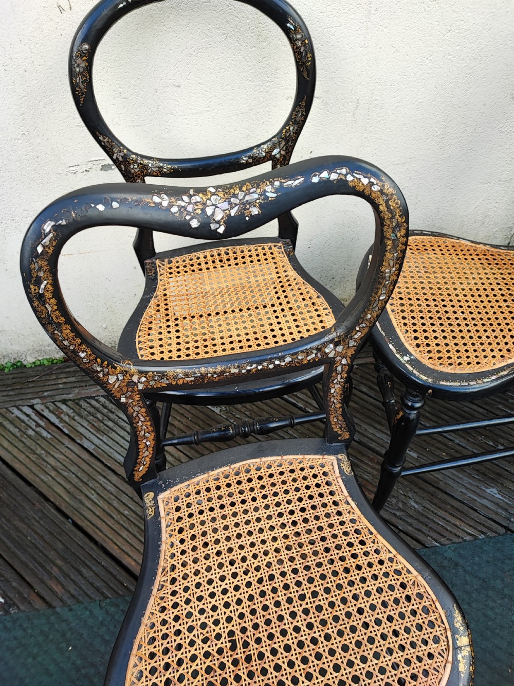 3 x Victorian Papier mache and mother of pearl bedroom chairs. View IV