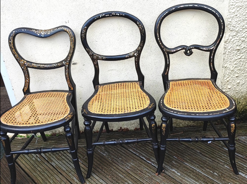 3 x Victorian Papier mache and mother of pearl bedroom chairs. View VIII