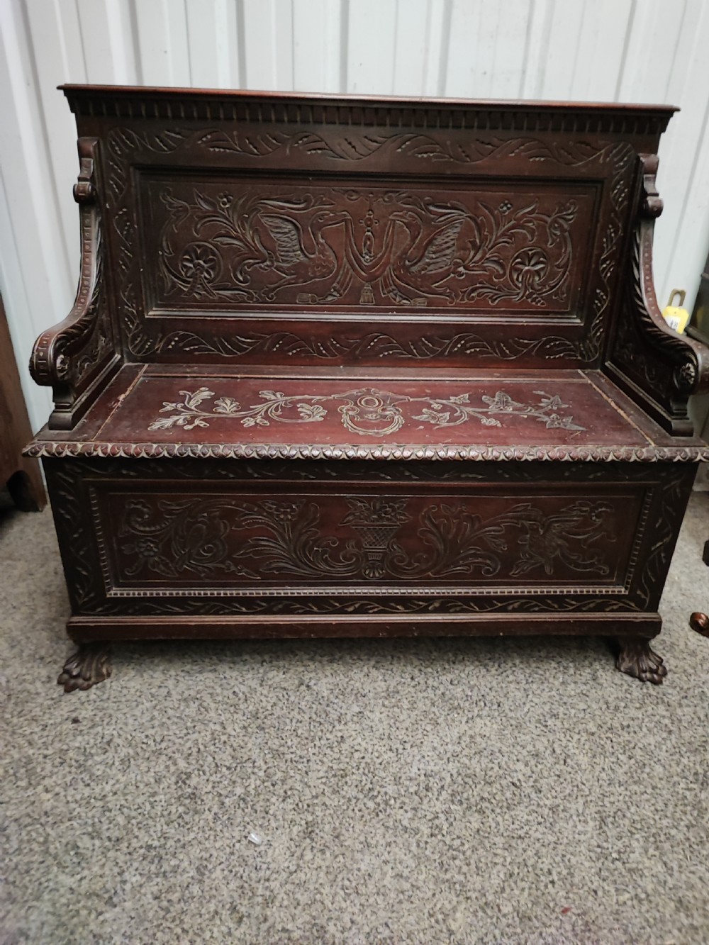 An antique italian carved walnut hall bench or settle View II