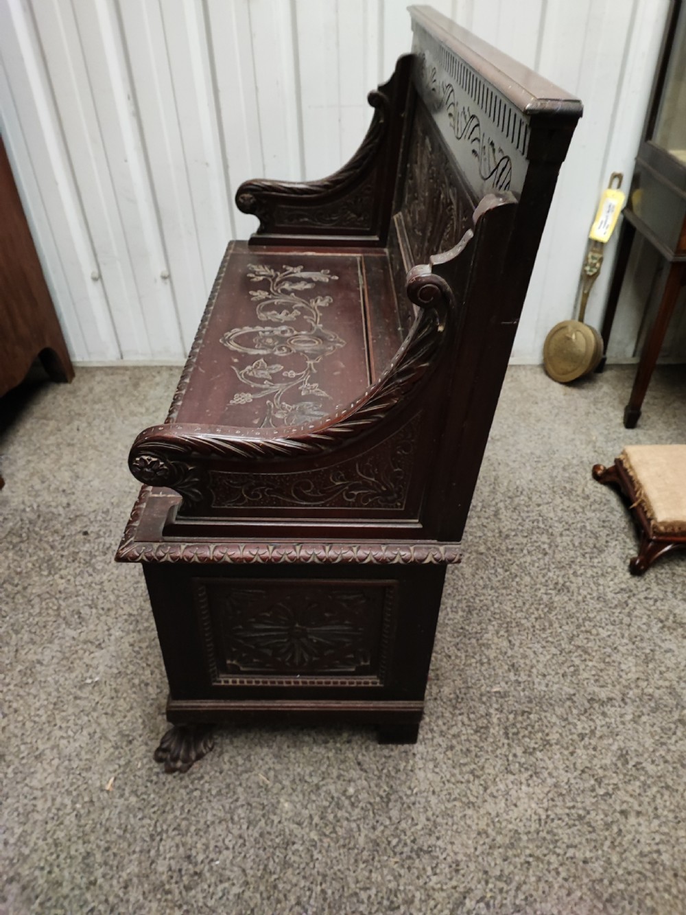 An antique italian carved walnut hall bench or settle View VII