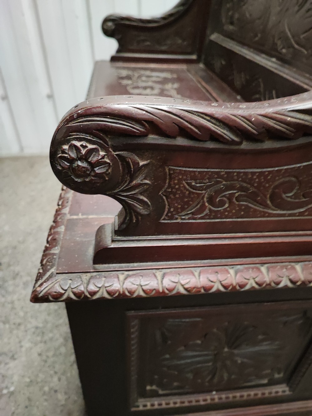 An antique italian carved walnut hall bench or settle View VIII