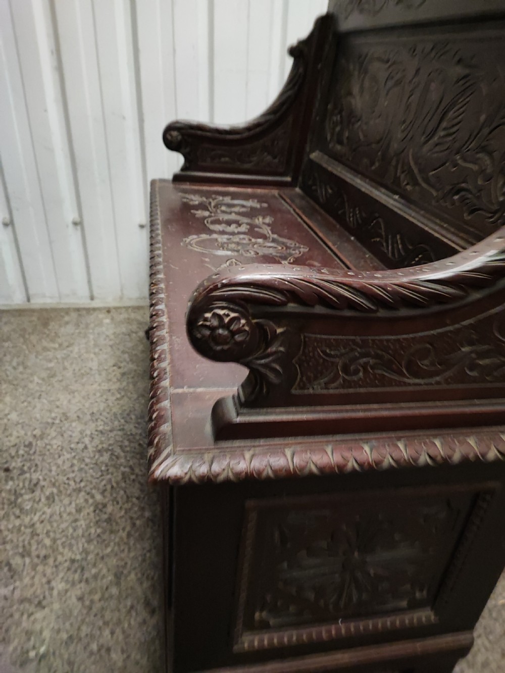 An antique italian carved walnut hall bench or settle View IX