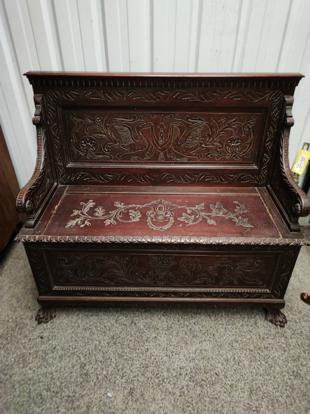 An antique italian carved walnut hall bench or settle View XI