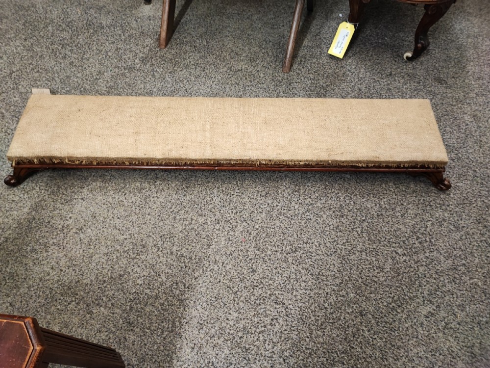 Antique mahogany long hearth stool. View III
